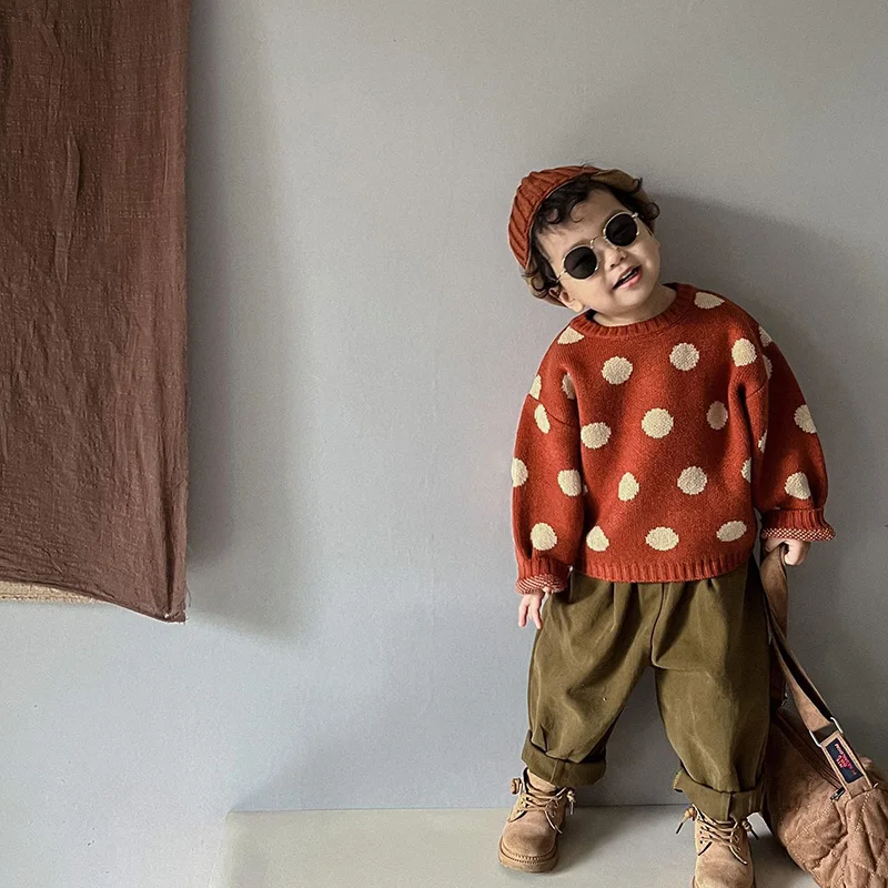 

Новинка 2023 года, осенне-зимний винтажный вид, детские свитера для мальчиков в горошек, трикотажная одежда для девочек, верхняя одежда, пуловер для мальчиков 1-6 лет