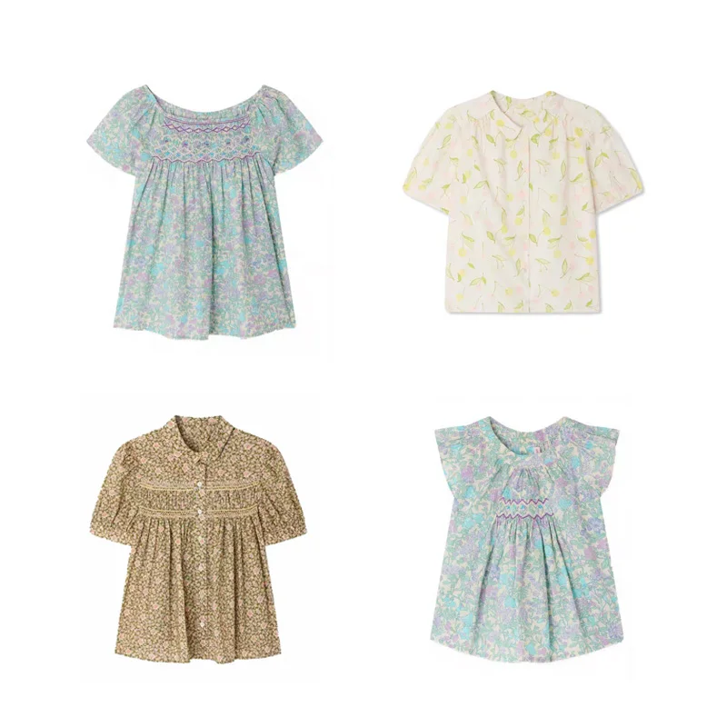 

2Children's Clothing 2026 BP Spring Summer Baby Girls Smocking Blouses Floral Print Shirts Smocking Dress for Kids Clothes