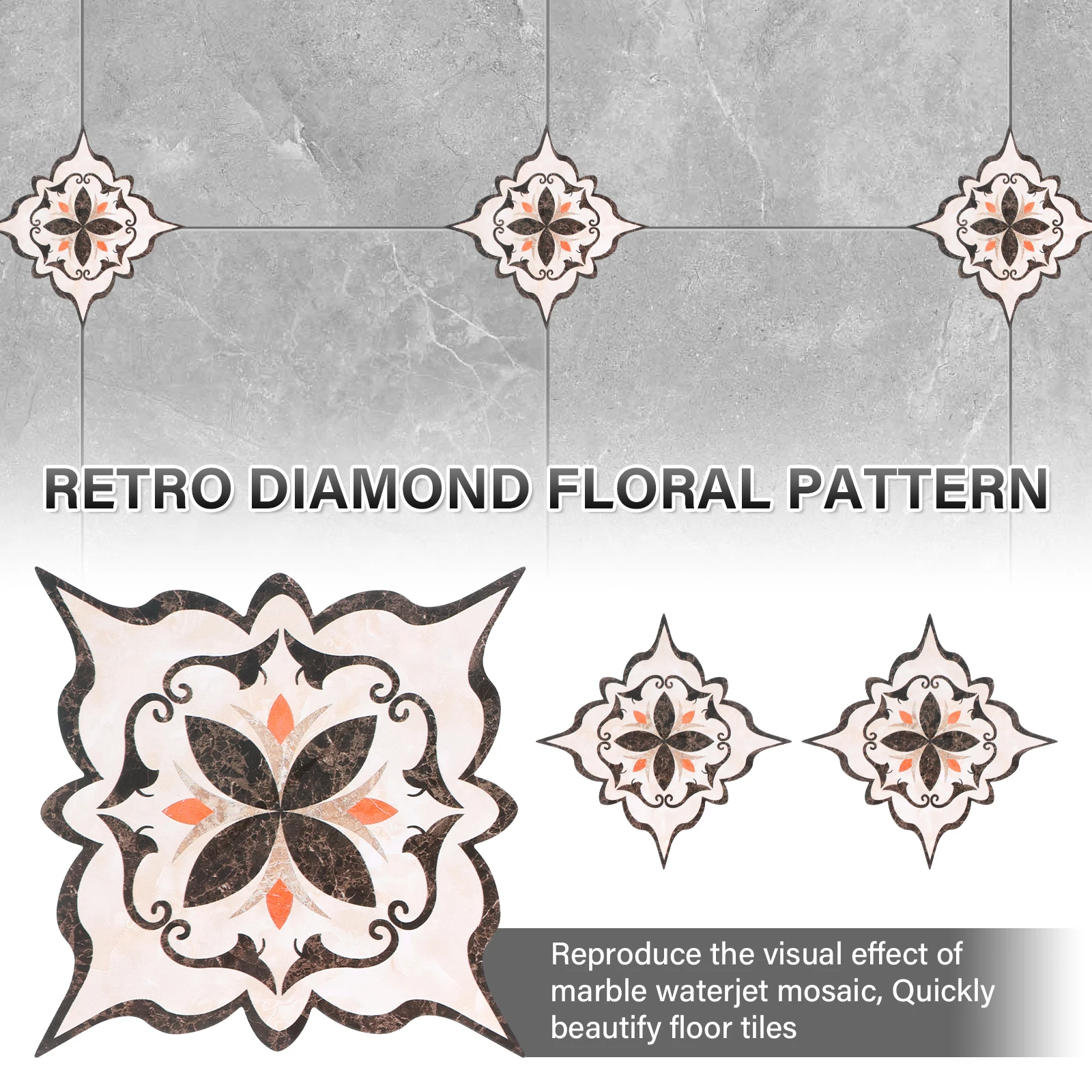 72Pcs Self Adhesive Diagonal Tile Sticker PVC Peel and Stick Tile Sticker Vintage Floral Pattern for Bathroom Kitchen Floor Use