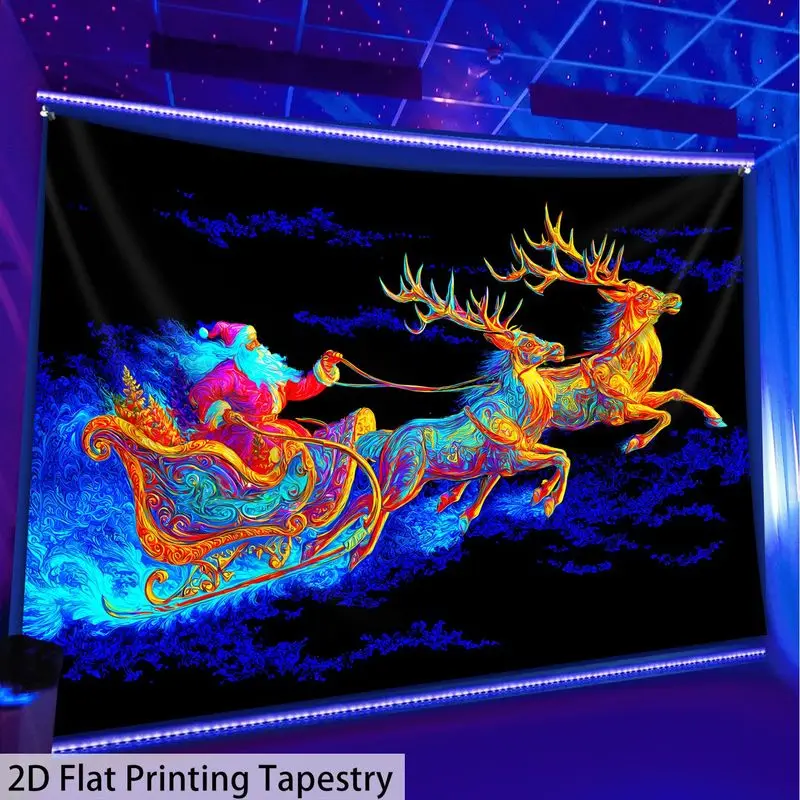 VIKAMA Christmas Wall Art Tapestry Santa Sleigh Reindeer Psychedelic Wall Hanging Living Room Bedroom Xmas Home Decor Holiday