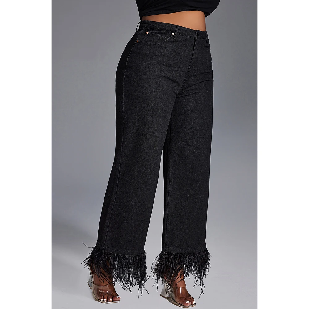 Plus Size Women\'s Jeans Daily Jean Black Casual High Waist Straight Feather Button Fashion Jeans