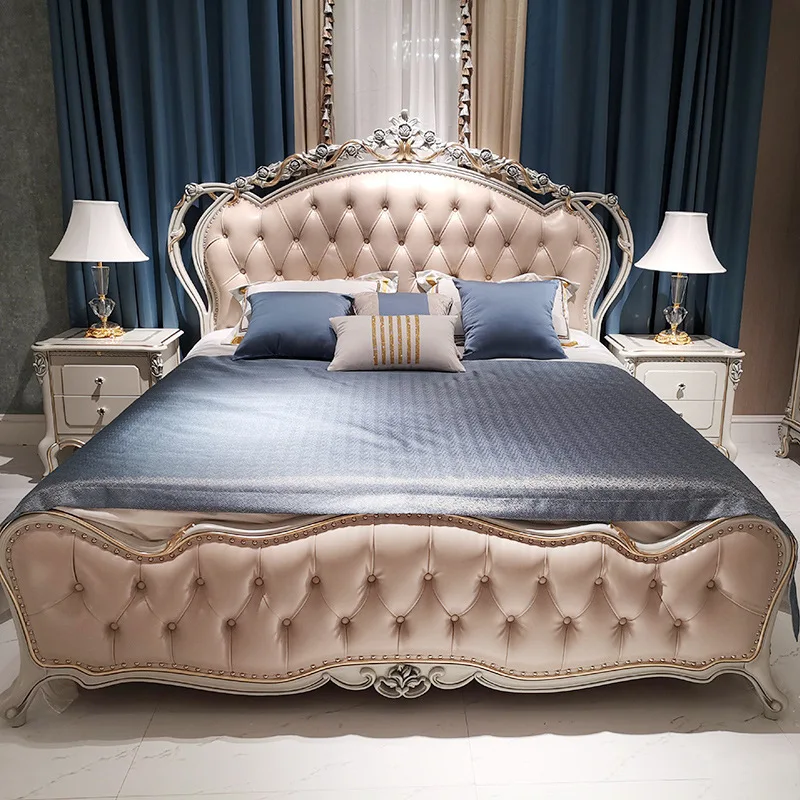 French double bed leather 1.8 meters European palace villa luxury carved wedding bed master solid wood bed furniture