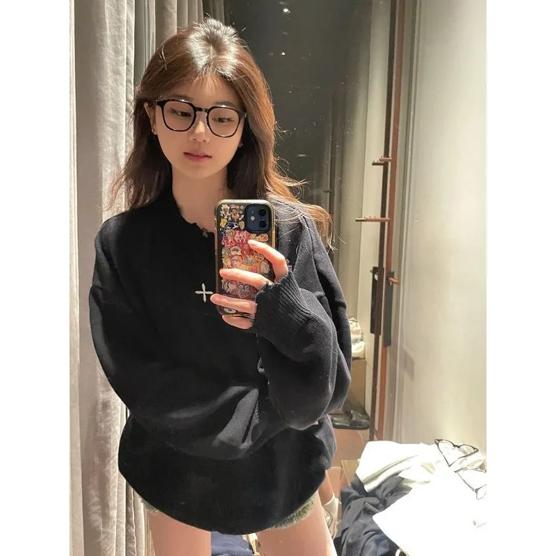 Deeptown Autumn Vintage Black Sweater Women Oversized Gothic Streetwear Korean Fashion Knitted Jumper Winter Aesthetic Pullover