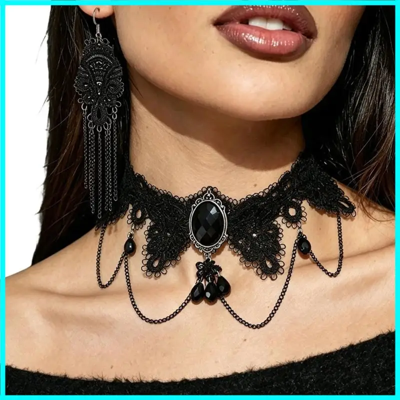 Fashion New Vintage Black Lace Bead Necklace Earrings Women Gothic punk Chocker Gothic Collar Necklace Pendant