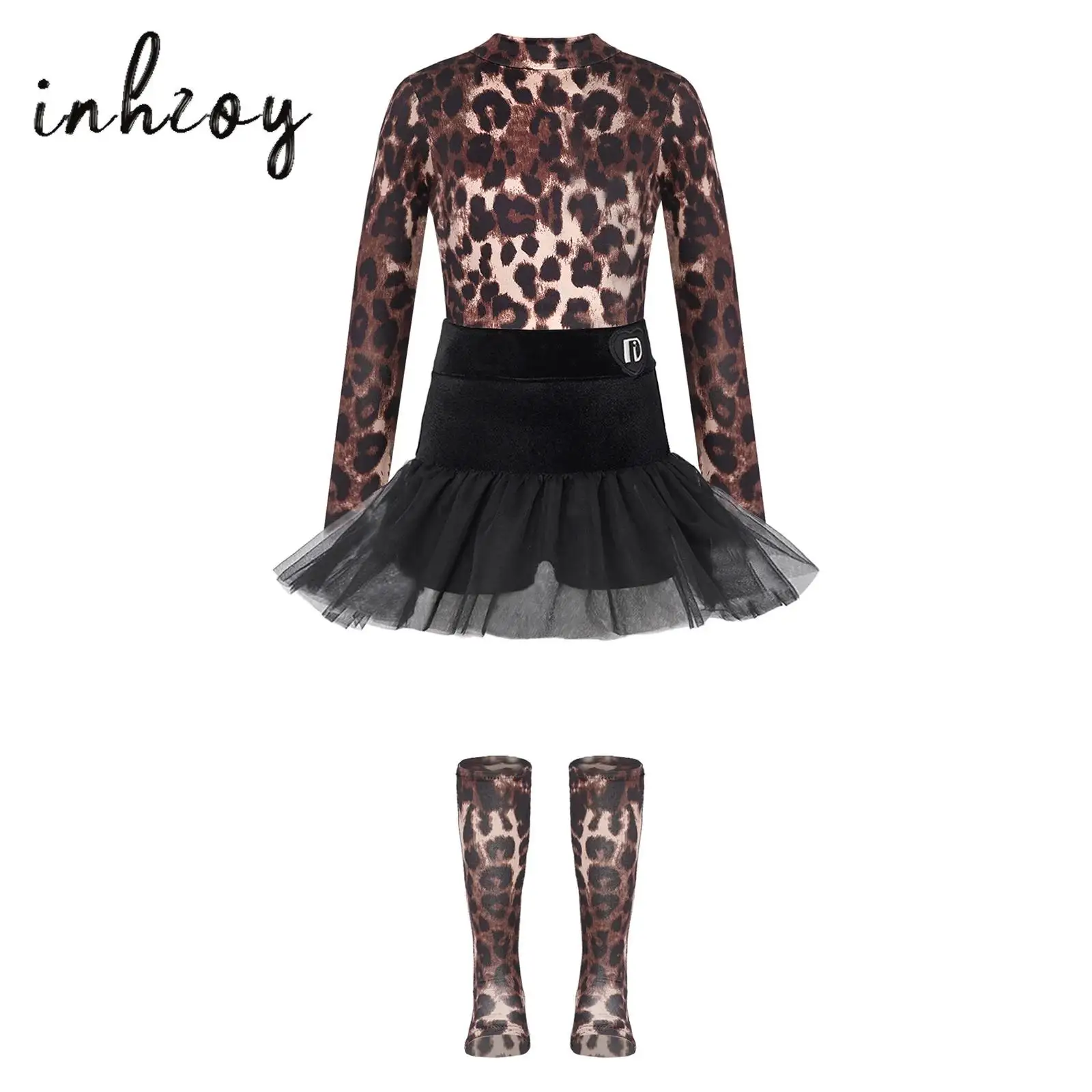 

Kids Girls Leopard Latin Dance Outfit Long Sleeves Thumbholes Leotard with Ruffle Tulle Skirt Socks Ballroom Rumba Tango Set