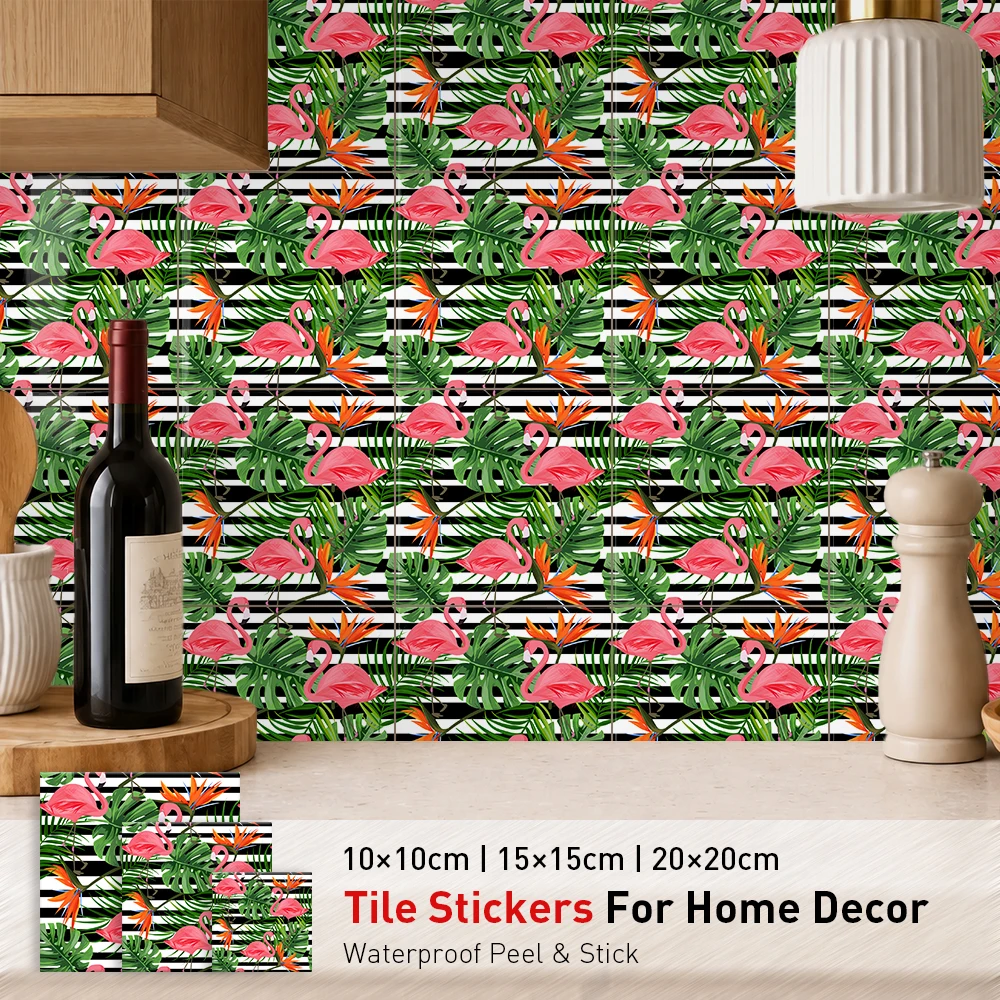 Vibrant Flamingo Paradise Waterproof Wall Stickers Black White Stripe Monstera Leaf Peel Stick Decals for Art