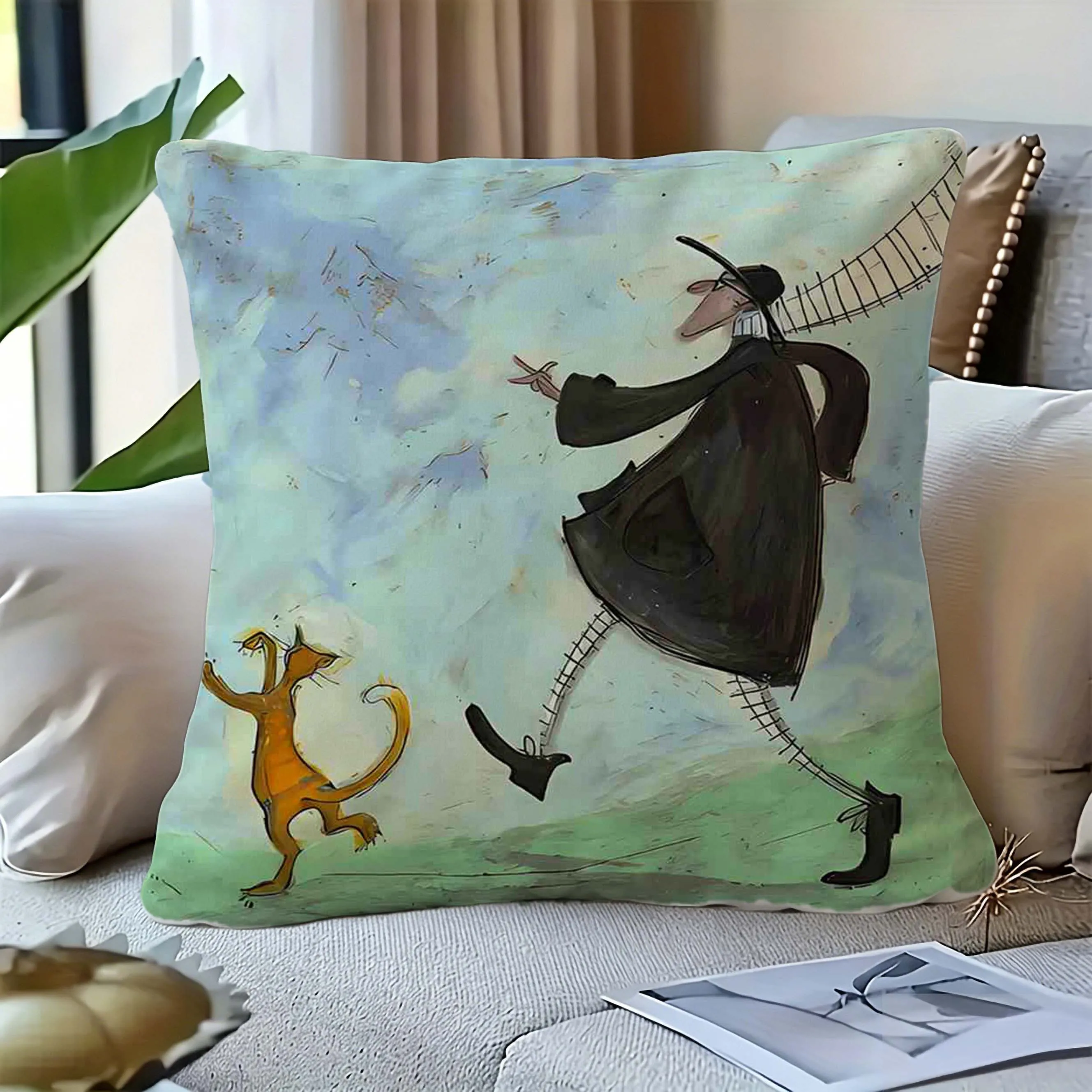 2D Flat - 1pc Fun Retro Illustration Printed Pillowcase, 2D Flat Printing, Walking People And Dancing Cats Scene, Literary Forest Style, Soft Blue-Green Background, Easy Hand-Drawn Strokes, Suitable for Outdoor Courtyard, Beach Camping, Indoor Sofa