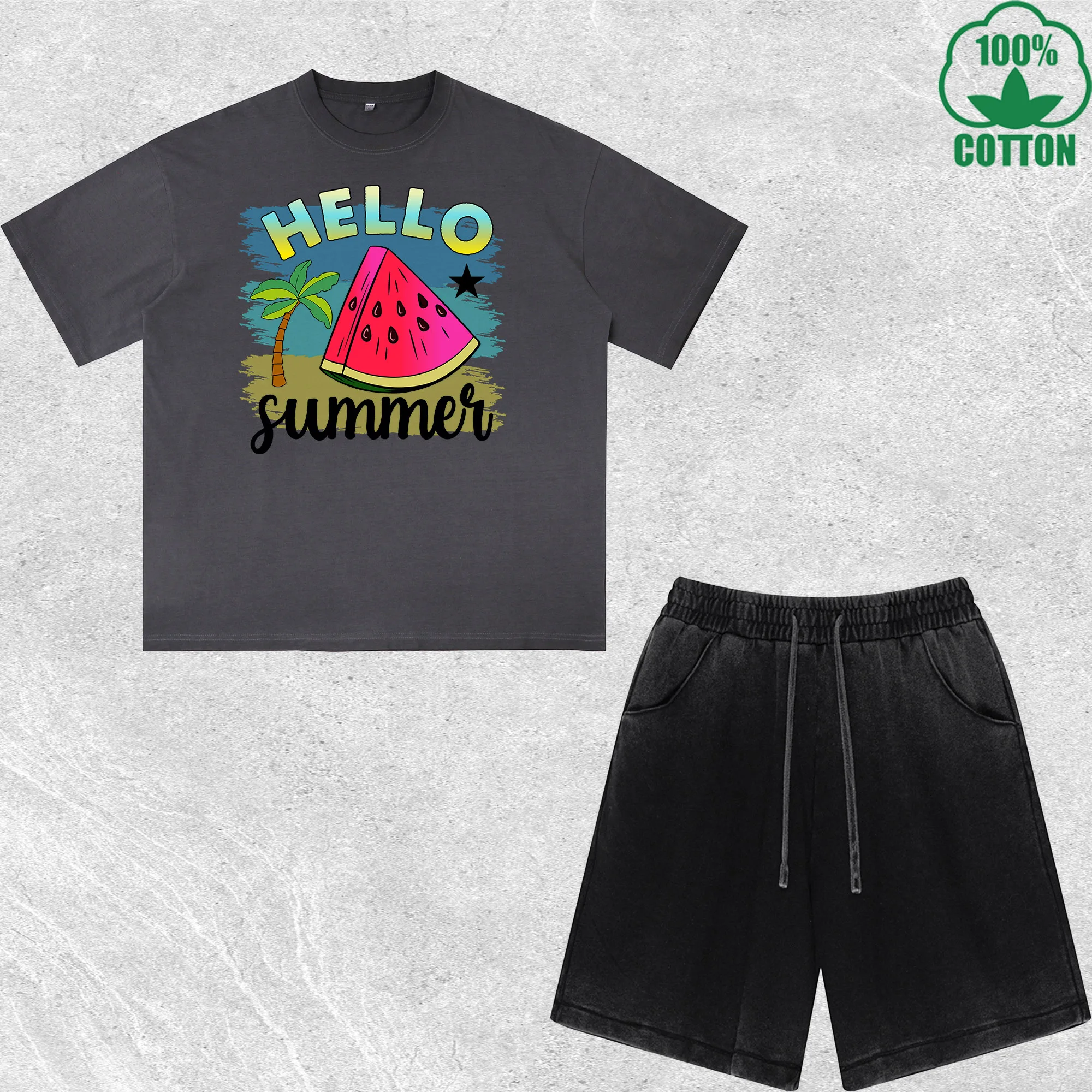 

Hello Summer Printed Dirty Wash T-Shirt Shorts Set Multicolor Combo Loose Trendy Fashionable 100%Cotton