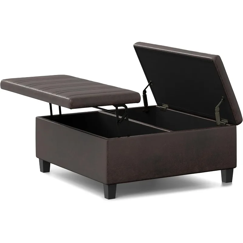 

Contemporary Square Coffee Table Storage Ottoman in Distressed Vegan Faux Leather, for The Living Room and Bedroom