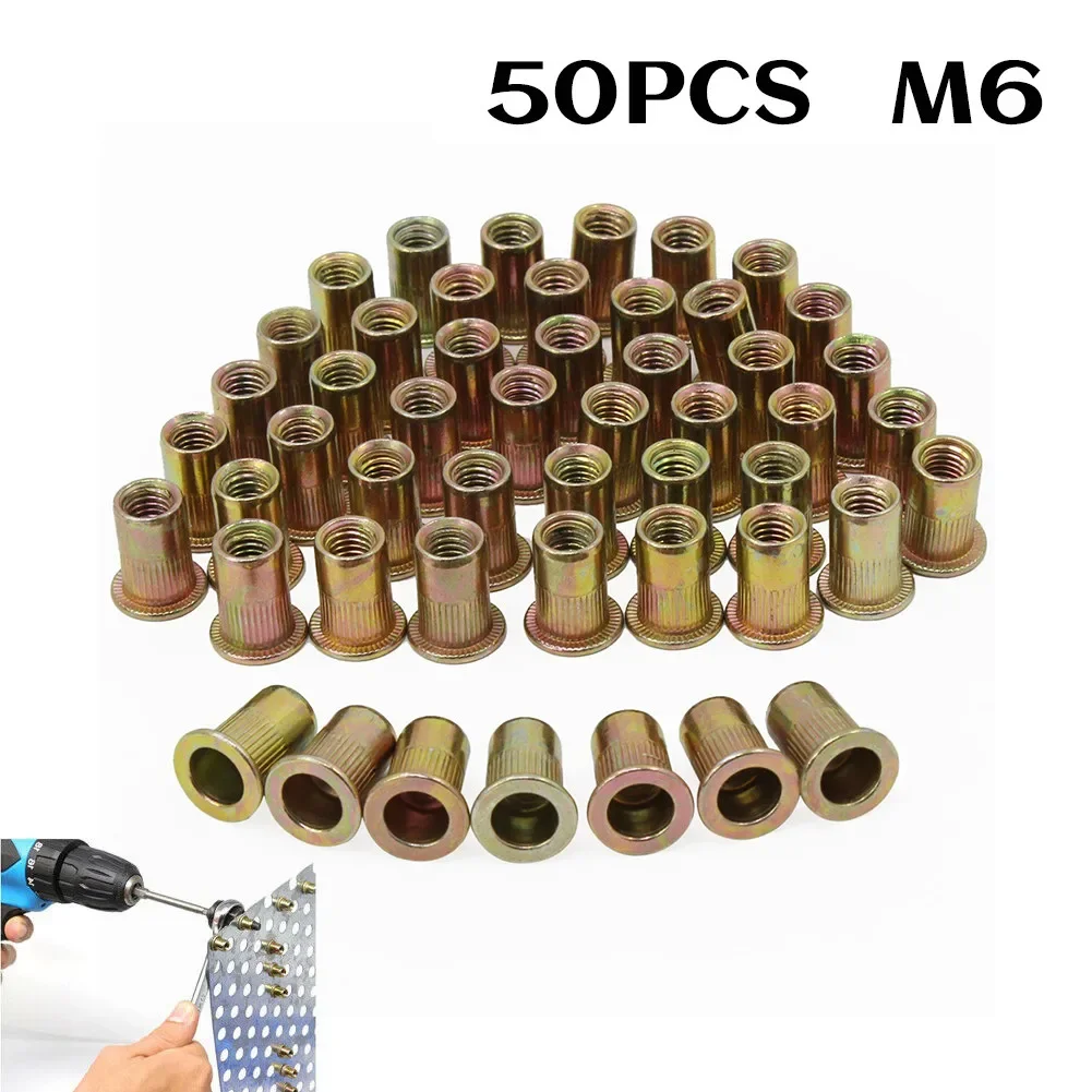 50pcs M6 Zinc Coated Carbon Steel Flanged Rivet Nuts for Blind Side Fastening with Serrations to Prevent Rotation During Torque