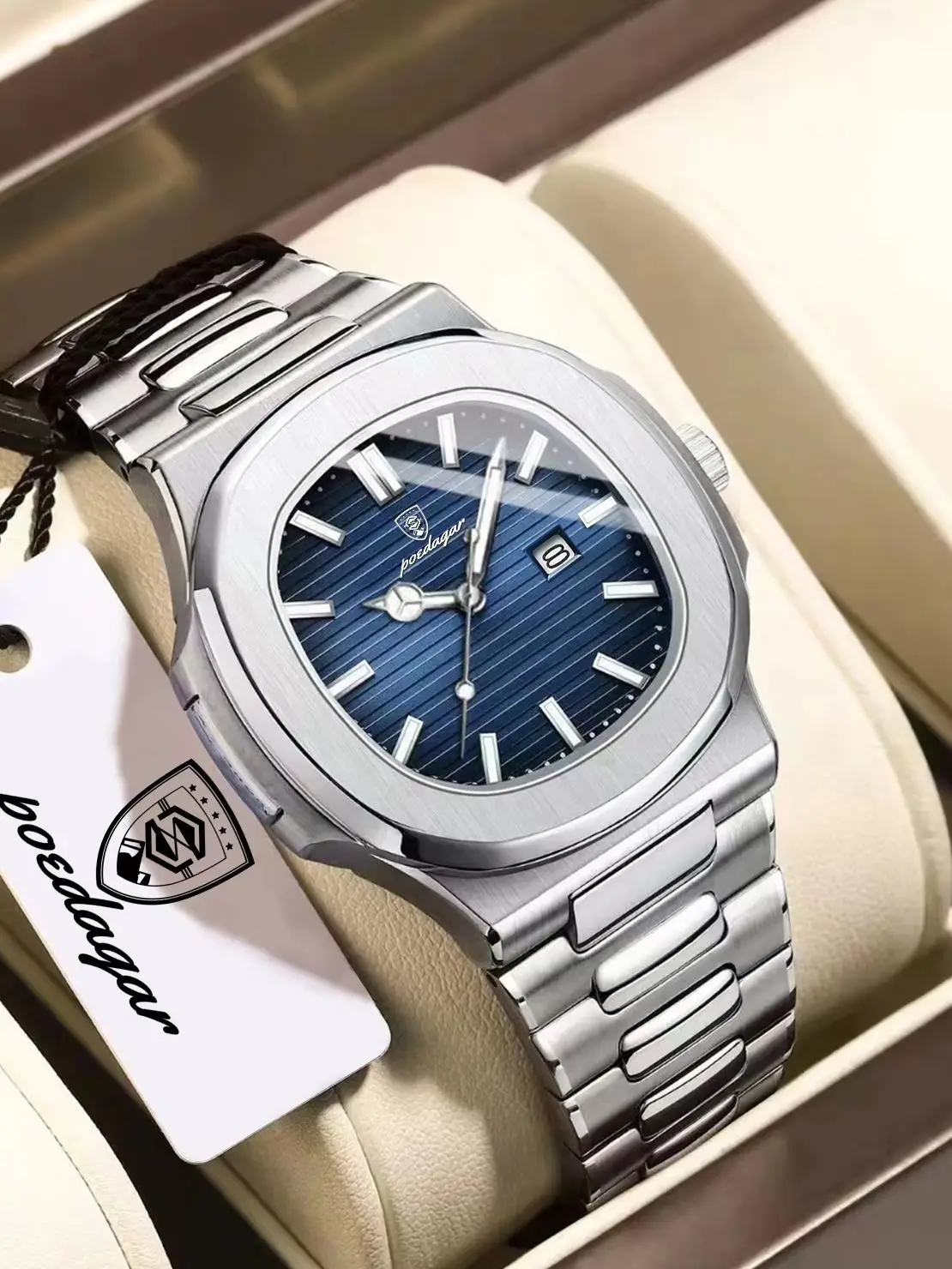 POEDAGAR Casual Fashion Herrenuhr Edelstahl Wasserdicht Leuchtend Herren-Armbanduhr mit Datum Quadratische Quarzuhr für Männer Reloj