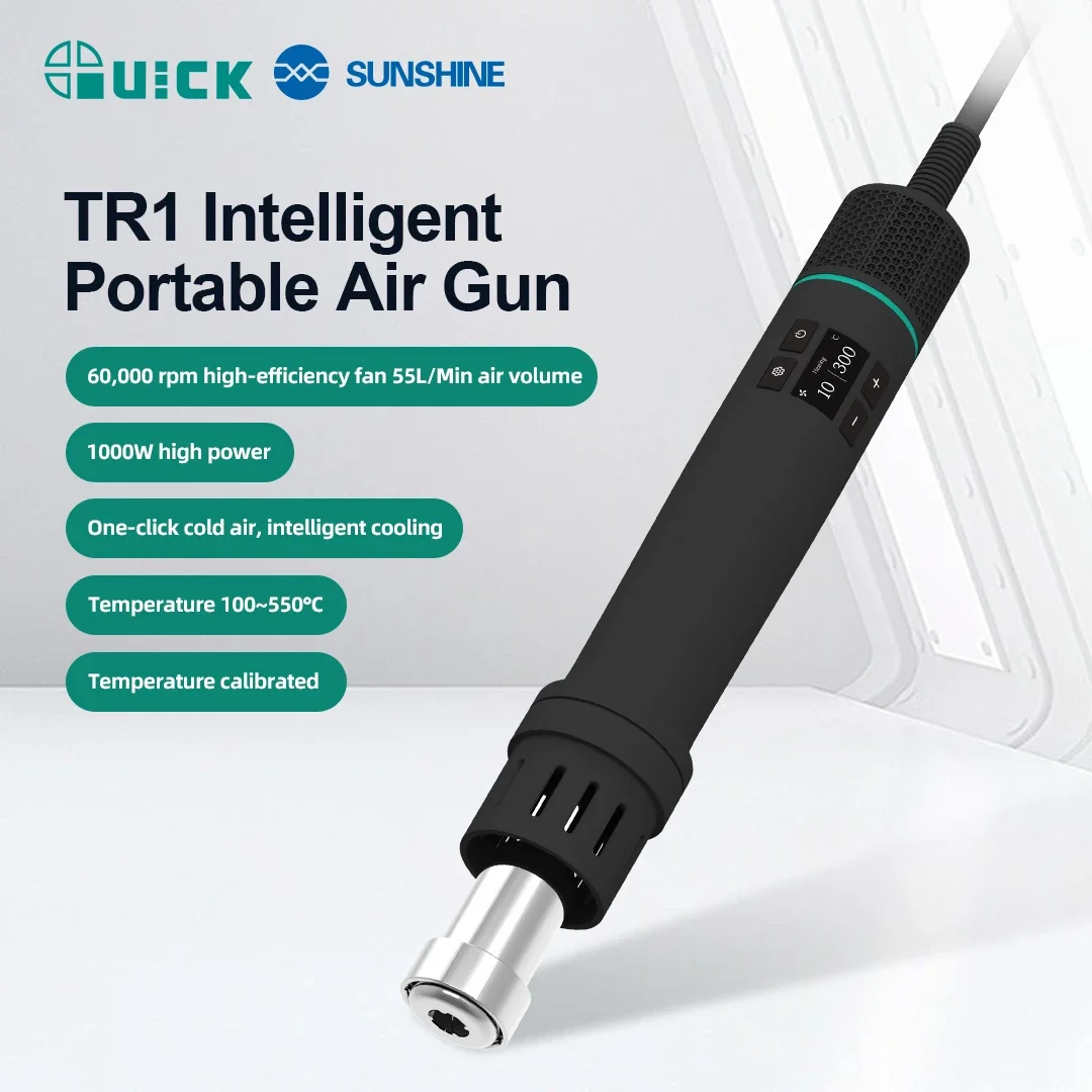 

QUICK TR1 Intelligent Portable Heat Gun Tool Digital Display 60000 RPM Fan 55L/Min Air Volume for PCB BGA Chip Soldering Repair