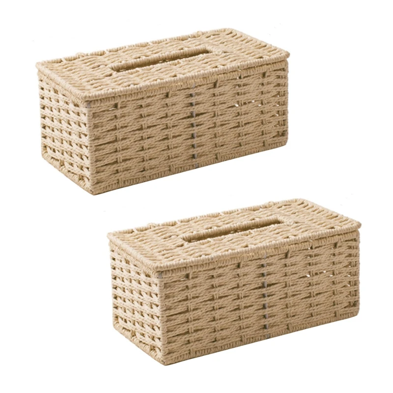 2X Rattan Tissue Box, Vintage Napkin Holder, Case Clutter Storage Container Cover, Living Room Desk Decoration (Beige)