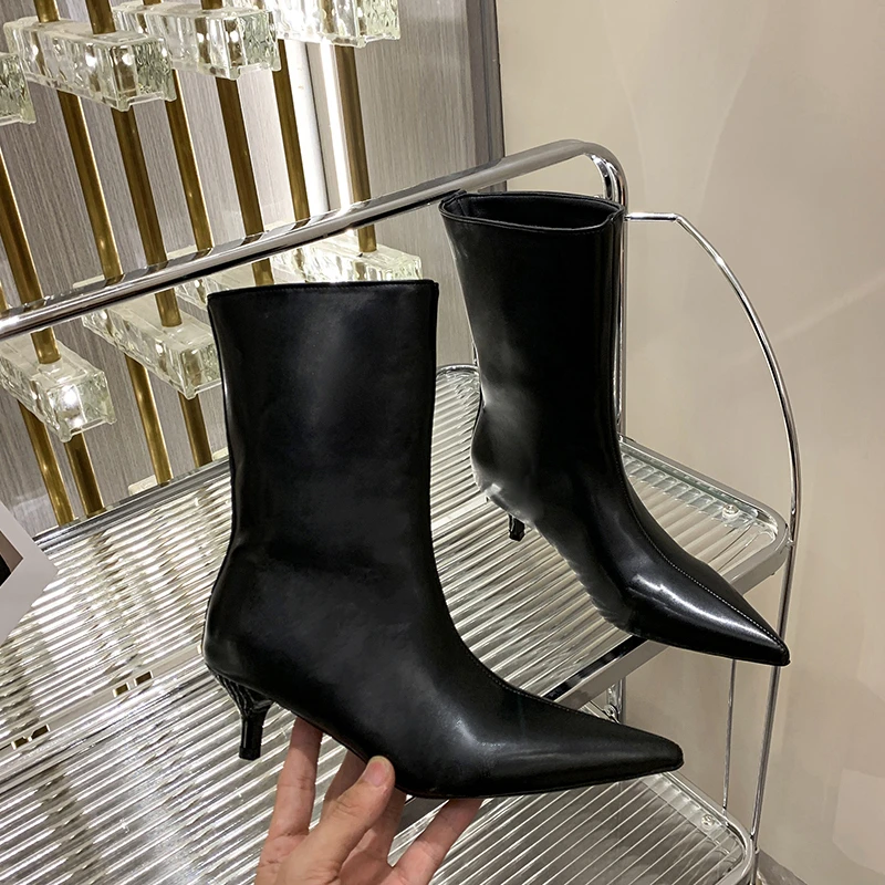 Botas puntiagudas de tacón alto para mujer, zapatos de media caña, de diseñador, nueva marca, 2024