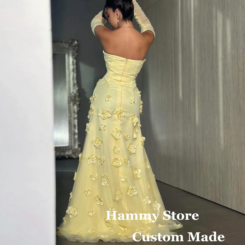 Yellow Mermaid Evening Dress Customized Strapless Detachable Tulle Sleeves 3D Flowers Sweep Train Saudi Arab Prom Gown