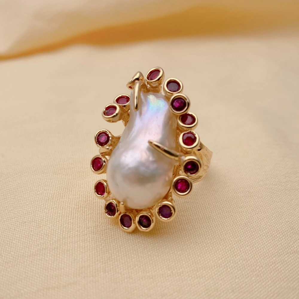 

Y·YING Cultured White Baroque Pearl Fuchsia Cz Ringer Ring Adjustable