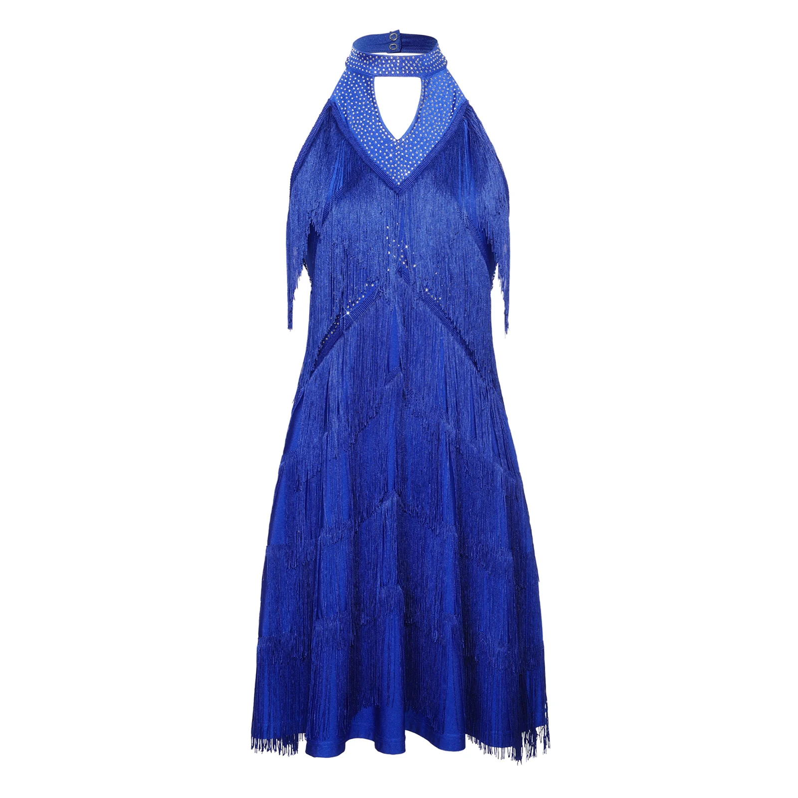 

Womens Female Latin Tango Dance Dress Rhinestones Tiered Tassel Backless Halter Fringed Dress for Stage Competition Performance