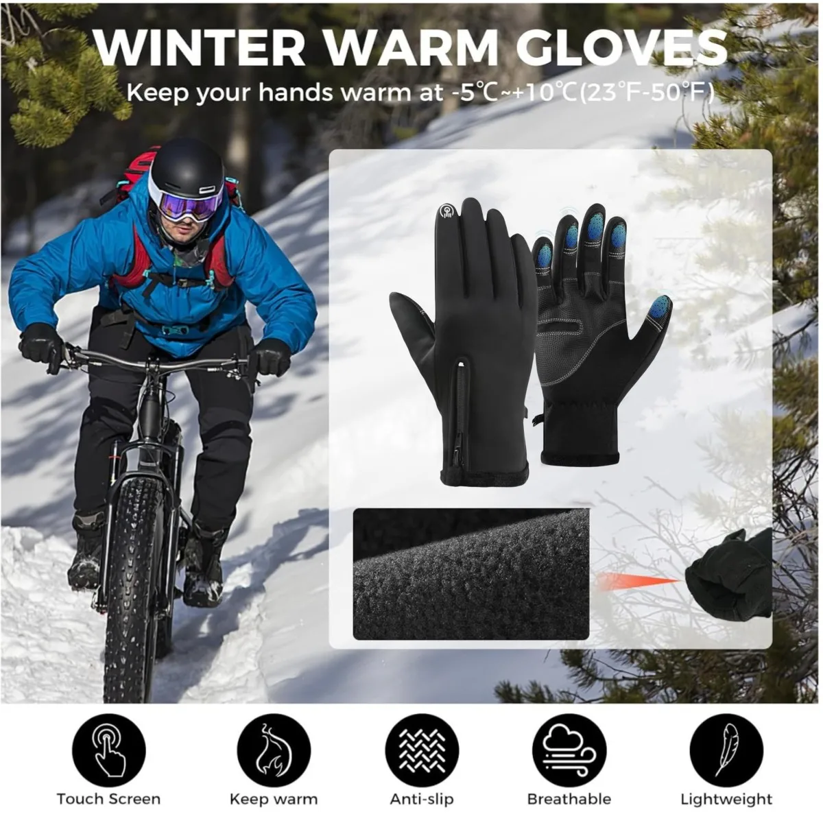 Winter Warm GlovesTouchscreen Cold Weather Gloves Windproof Anti-Slip Sports Gloves for Cycling Running Skiing Hiking Climbing