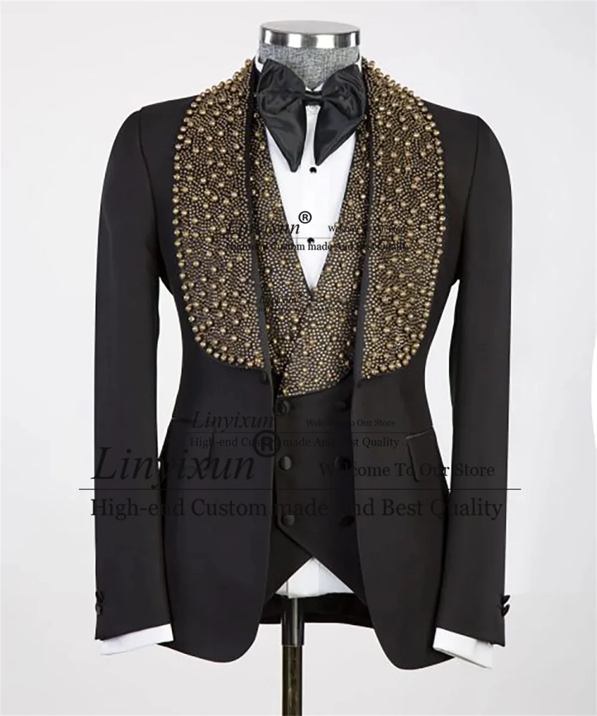 Luxurious Jewelry Ornament Tuxedos Men Suits 3 Pieces Wedding Groom Dinner Party Ternos Completo Shawl Lapel Male Prom Blazers