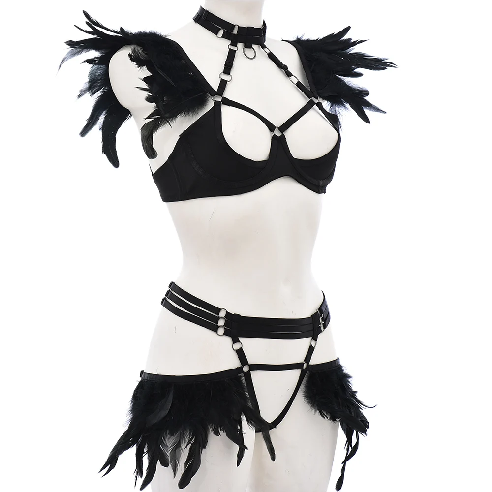 Goth Feather Decorated Body Harness Cage Exotic Sets Women Sexy Lingerie Set Panty Fancy Luxury Kit Punk Halloween Harness Bra