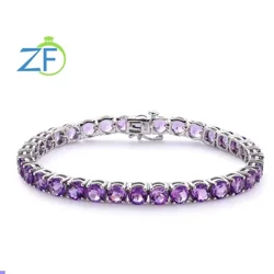 GZ ZONGFA Original 925 Sterling Silver Tennis Bracelet for Women Round 5mm 15ct Natural Amethyst Gemstone Fashion Fine Jewelry