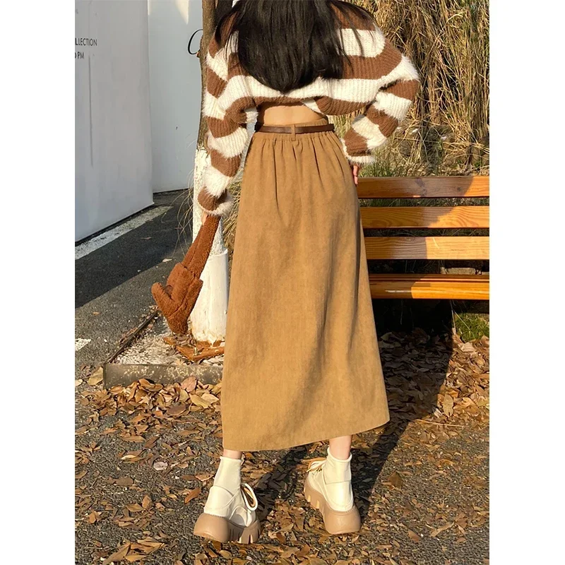 Vintage cinto de veludo midi saia feminina cintura alta plissado uma linha saias outono inverno streetwear coreano casual todos os jogos saia
