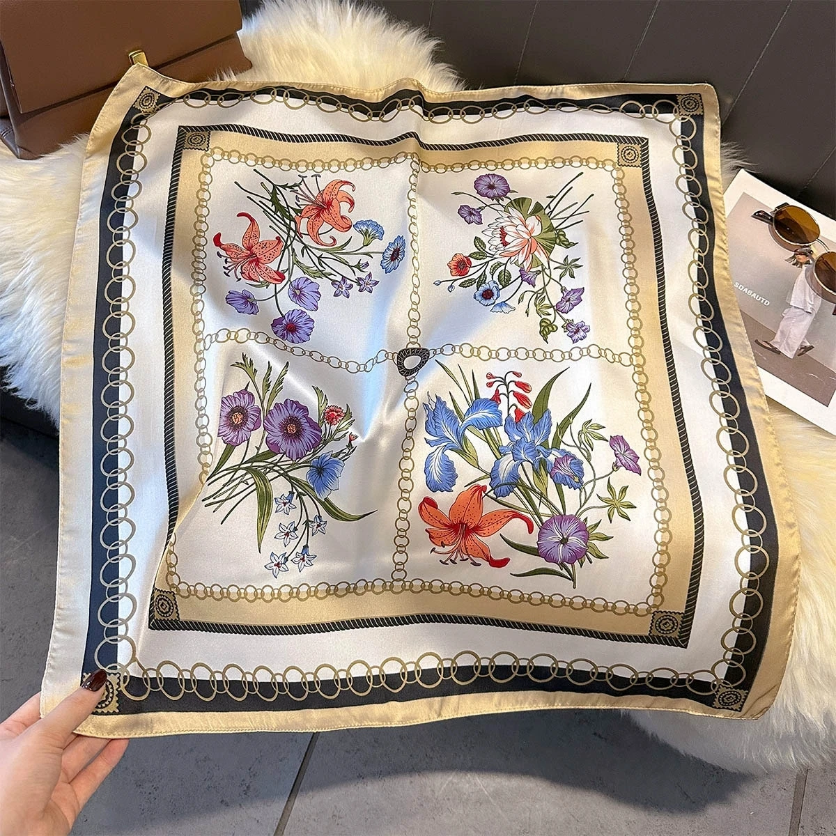 Bufanda femenina de seda simulada cuadrada pequeña de 70cm, Hijab, diadema femenina, pañuelo, corbata Floral para el cuello para mujer