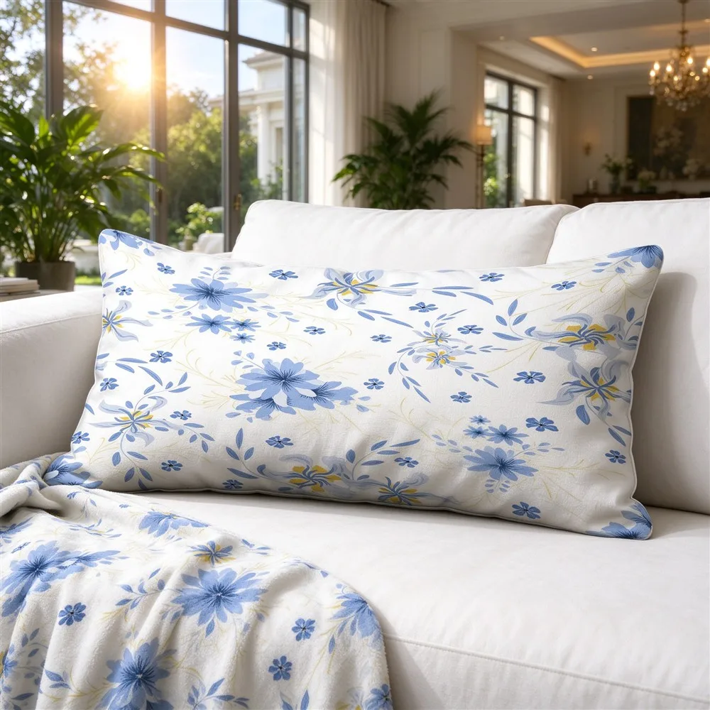 Blue White Sky Ditsy Print Long Pillow Cover, Fresh Style, Villa Decorative, Polyester, Photo Prop, Velvety Touch, Home Accent