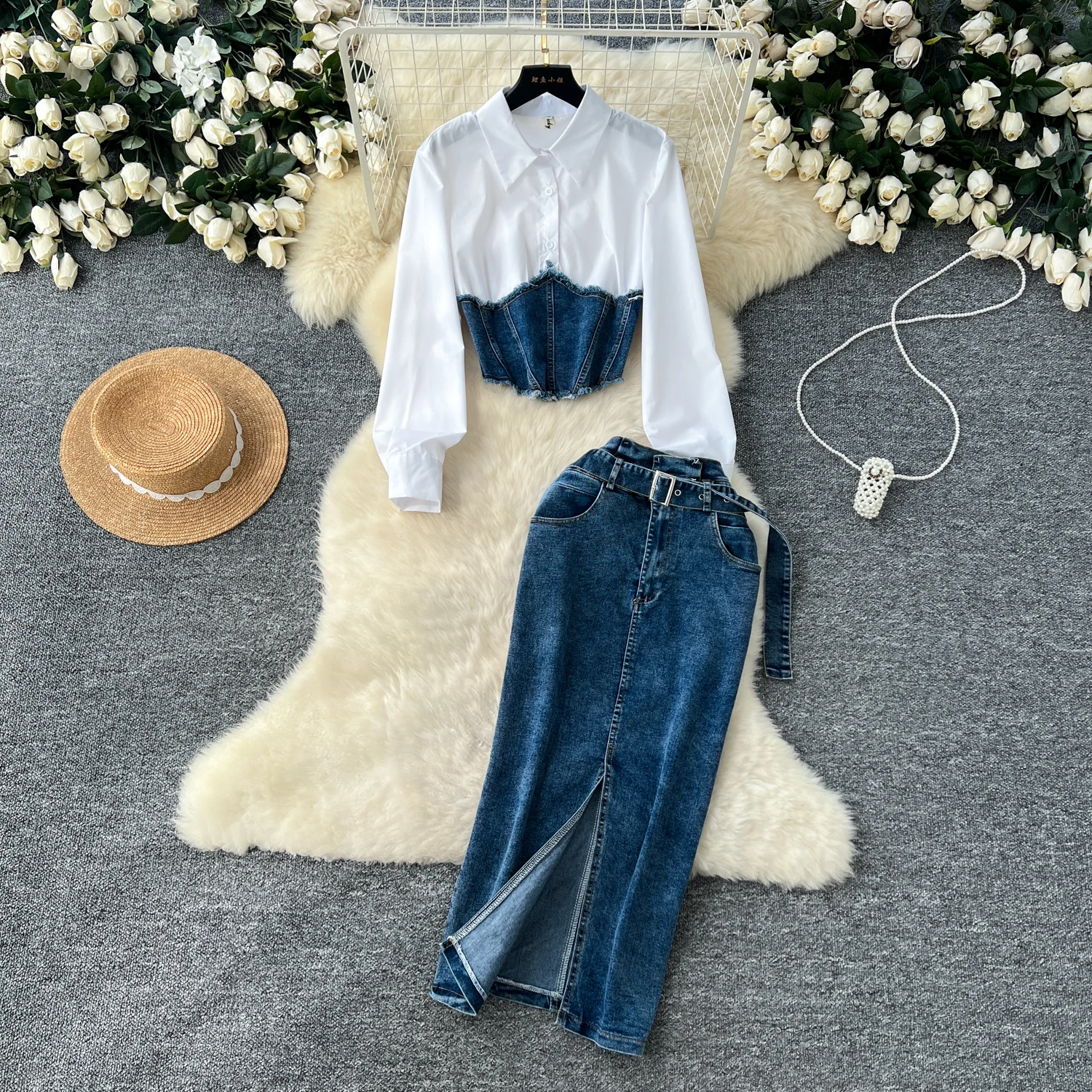 Women Two-Piece Sets Vintage Turn-down Collar Cowboy Spliced Shirt and High Waist Split Skirt Korean High Street Autumn Clothing