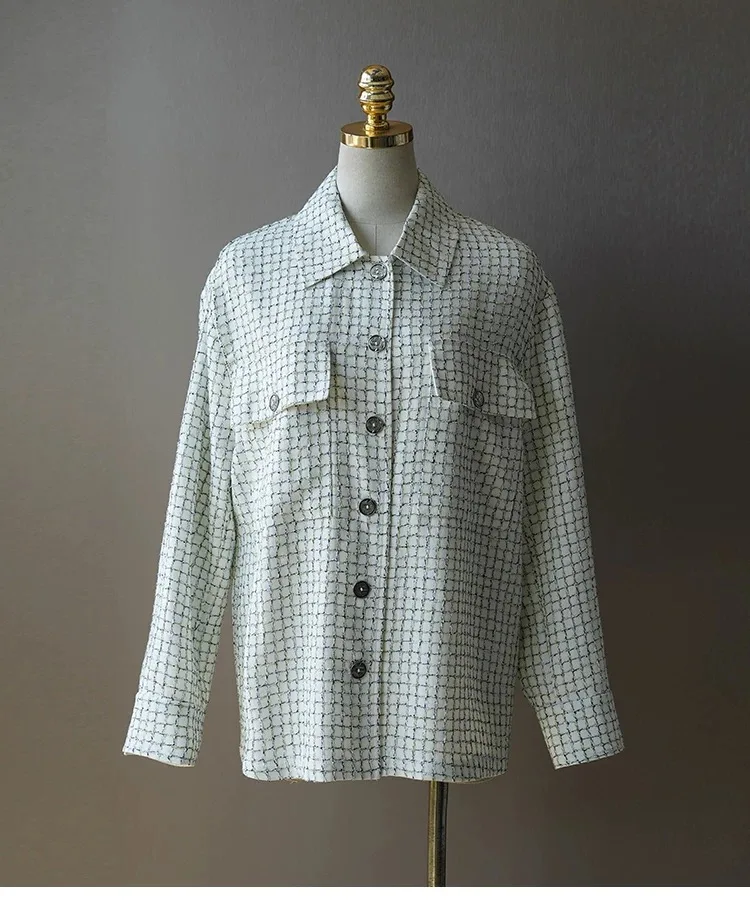

Women's Light Plaid Tweed Shirt Jacket Elegant Grid Pattern Button Up Loose Long Sleeve Casual Blouse Coat