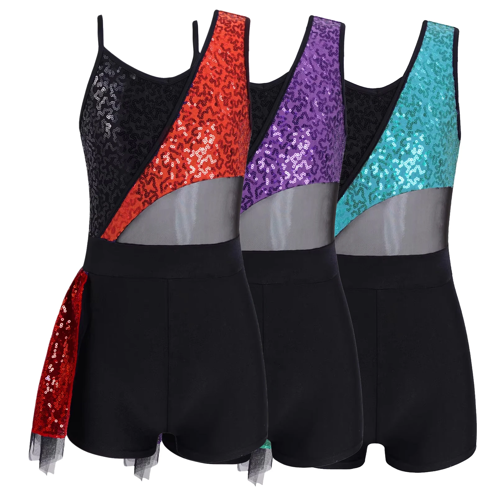 

Ballet Jazz Dance Leotard Dress Kids Girls Shiny Sequin Sleeveless Sparkling Shorty Unitards for Stage Performance Party Wear
