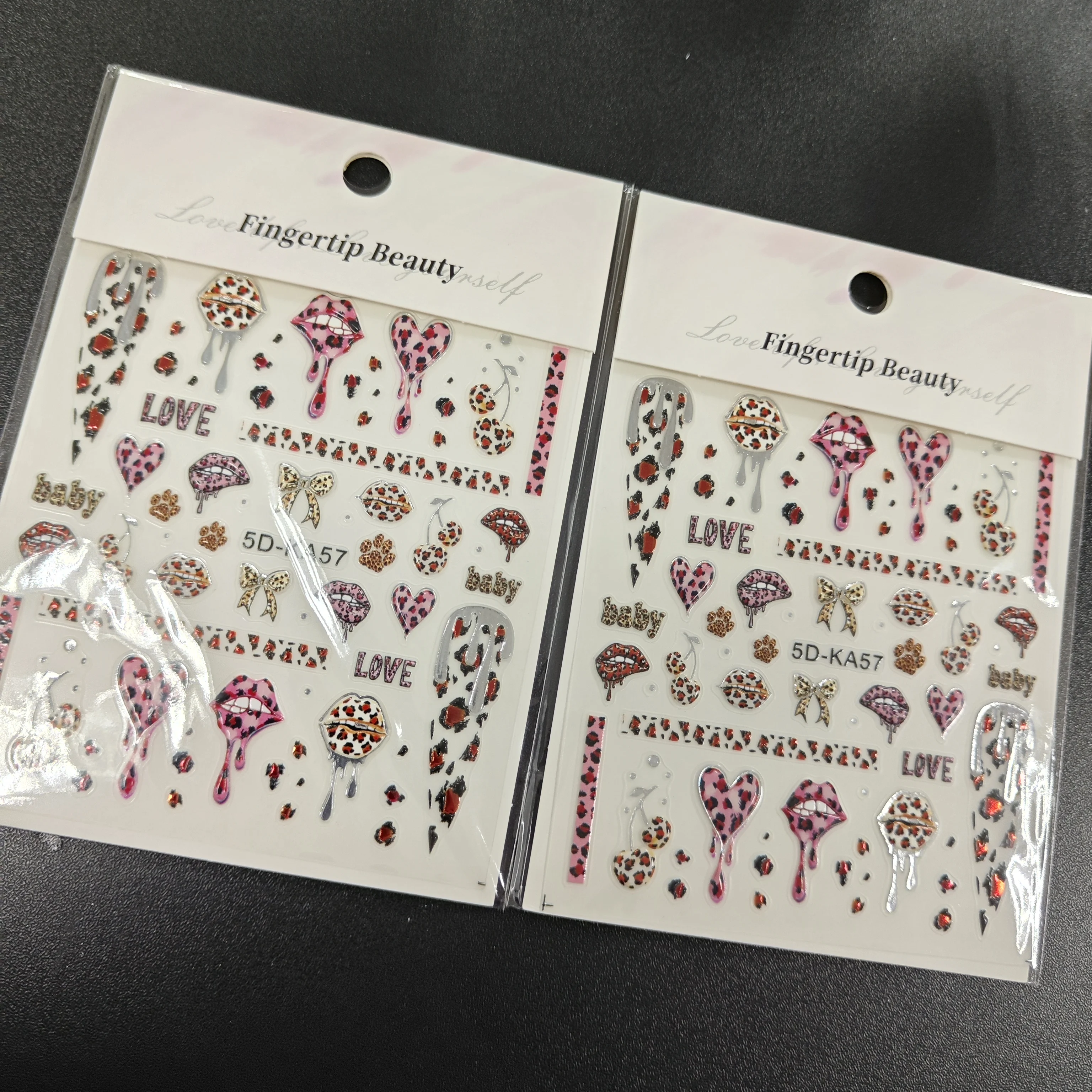 5D Día de San Valentín bronceado oro/plata leopardo labio pegatina de uñas Sexy leopardo arco/cereza calcomanía adhesivo leopardo punta deslizador de uñas