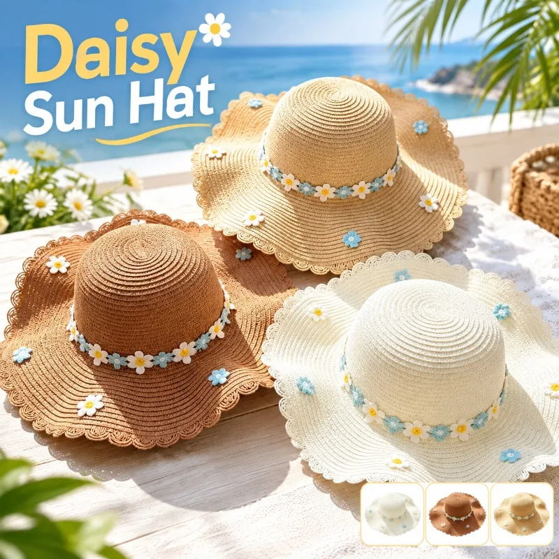 2026 Daisy Crescent Lace Wavy Wide Brim Straw Hat Women Vacation Sun Hat Slimming for Beach Outdoor Travel Daily Wear Party