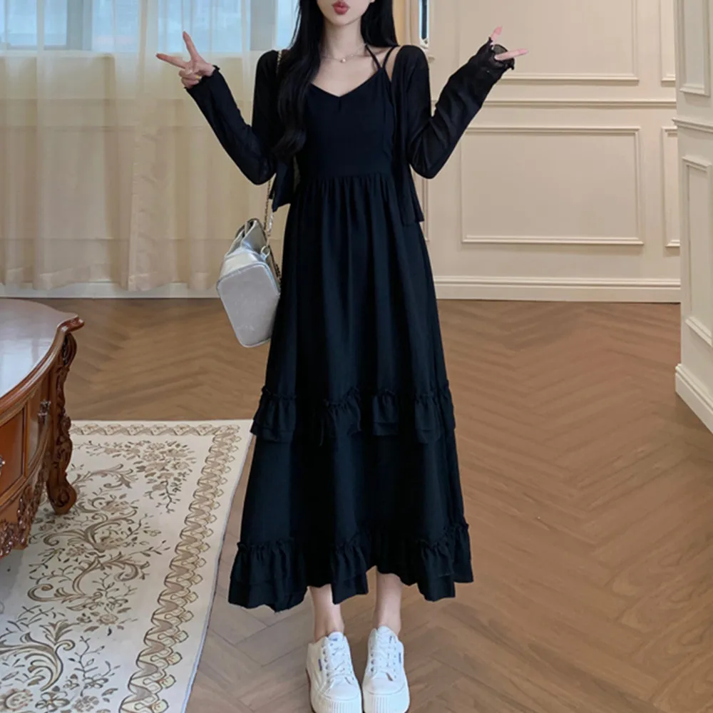 Retro francês babados borda nicho vermelho halter vestidos para mulheres chique magro em camadas vestidos cor sólida mori-girl estilo saia de verão