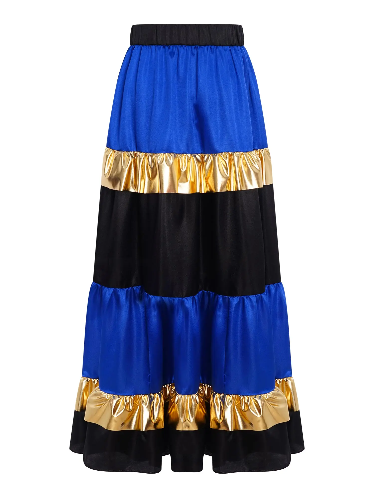 Kids Girls Waltz Flamenco Spanish Ballroom Dance Performance Costume Metallic Shiny Ruffled Satiny Big Swing Maxi Long Skirt