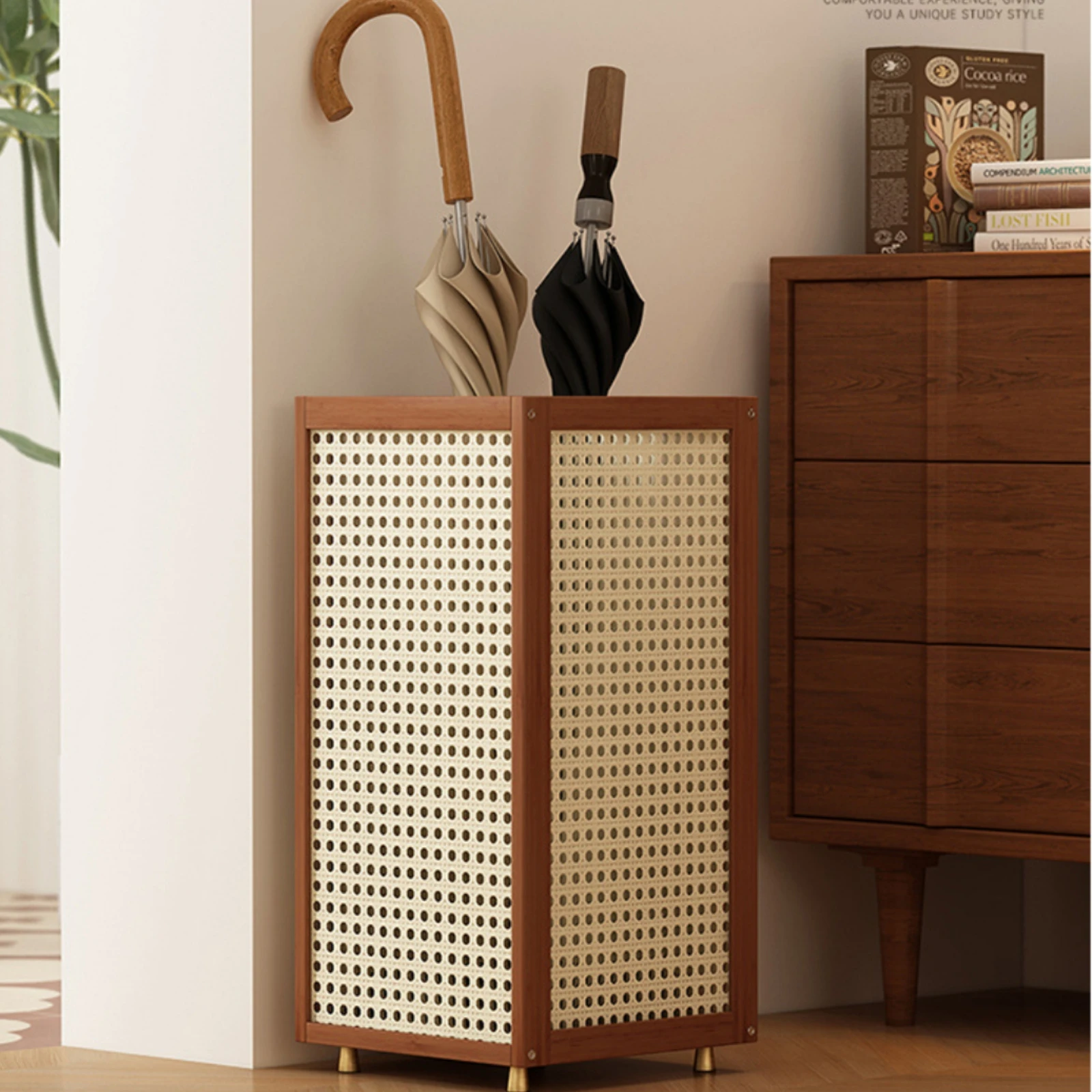 Rattan Umbrella Stand Woven Wooden Umbrella Stand Home Storage Four Feet Space Saving