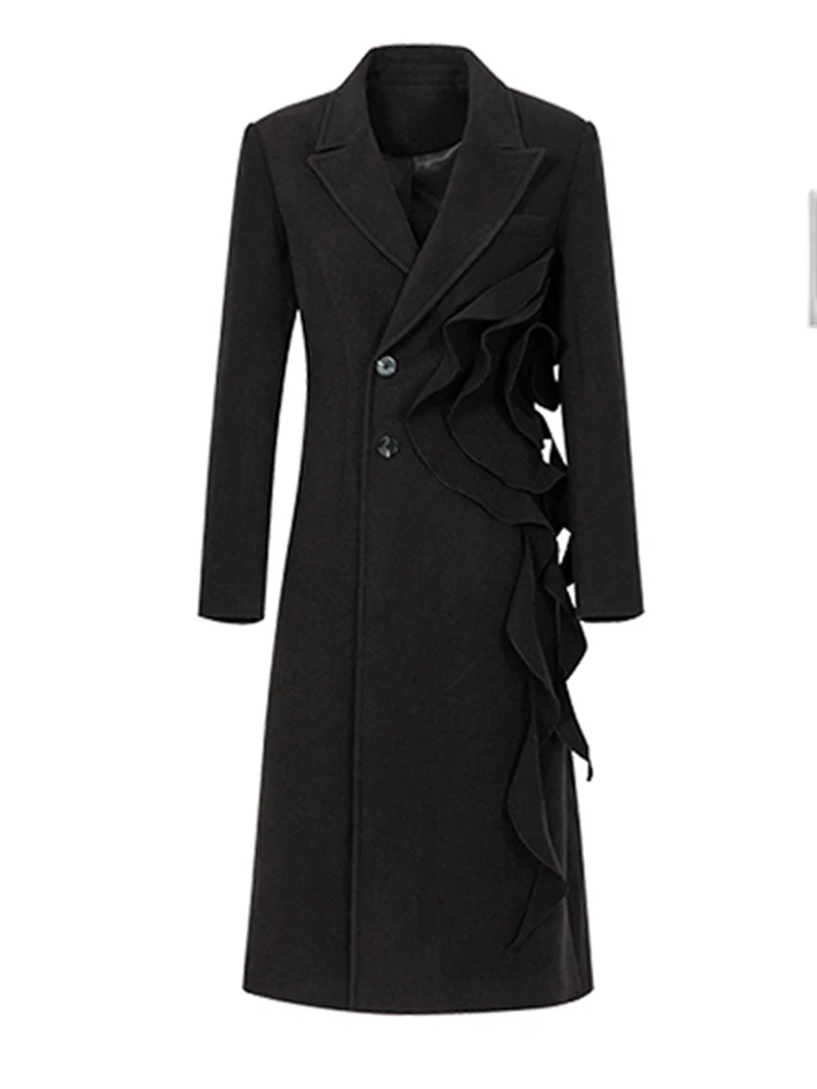 DEAT Fashion Women\'s Appliques Woolen Coat Lapel Single Breasted Long Sleeves Angola Red Blebds Overcoat Winter 2024 New 3WM2155