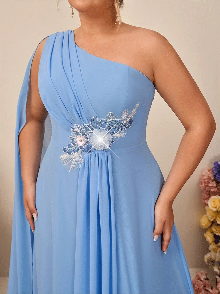Plus Size One Shoulder Water Blue Chiffon Applique Banquet Evening Dress Luxury Wedding Banquet Floor-Length Evening Dress image 3