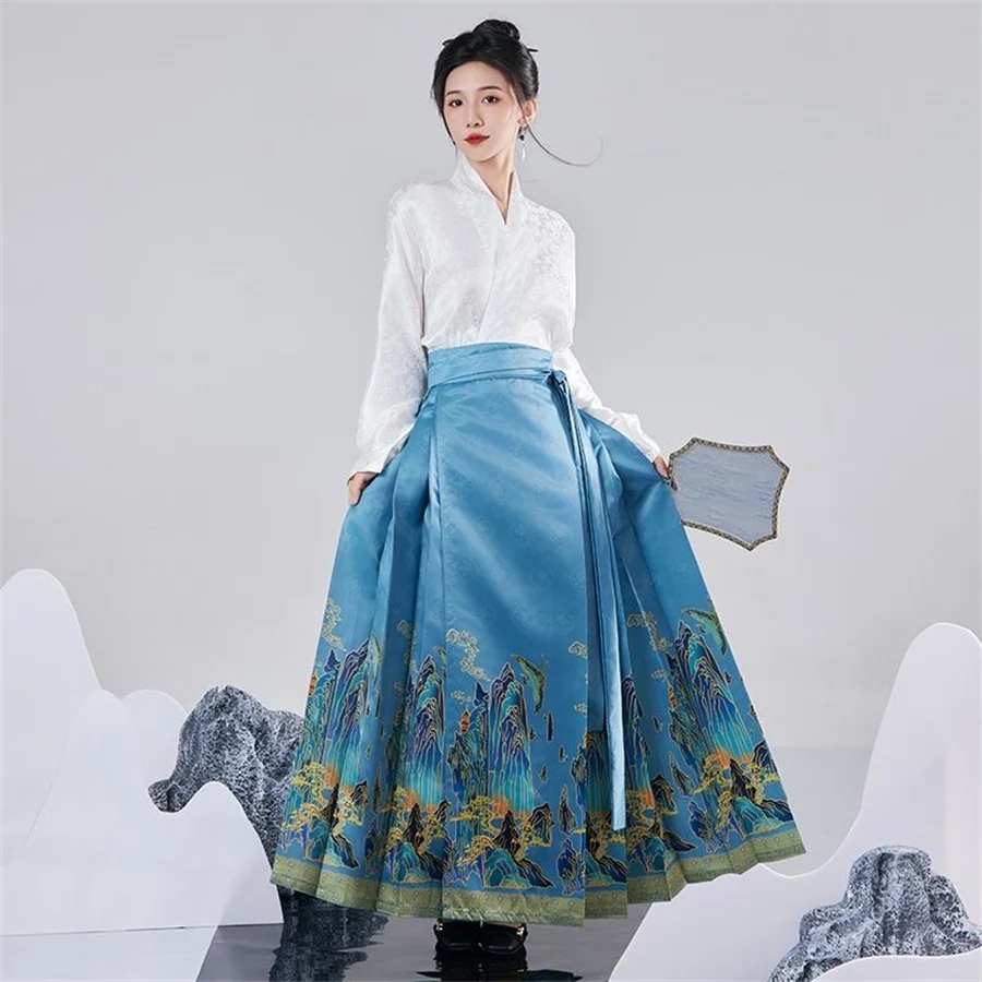 

2pcs Set Hanfu Horse Face Skirt Modern Women Spring Long Sleeve Blue Black Shirt+Skirt Chinese Hanfu Horse Face Skirt For Women