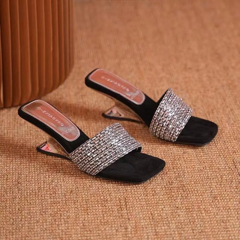 Women's Fashion Slippers Summer New Rhinestone Fine Belt Shaped Wedge Square Head Temperament High Heels