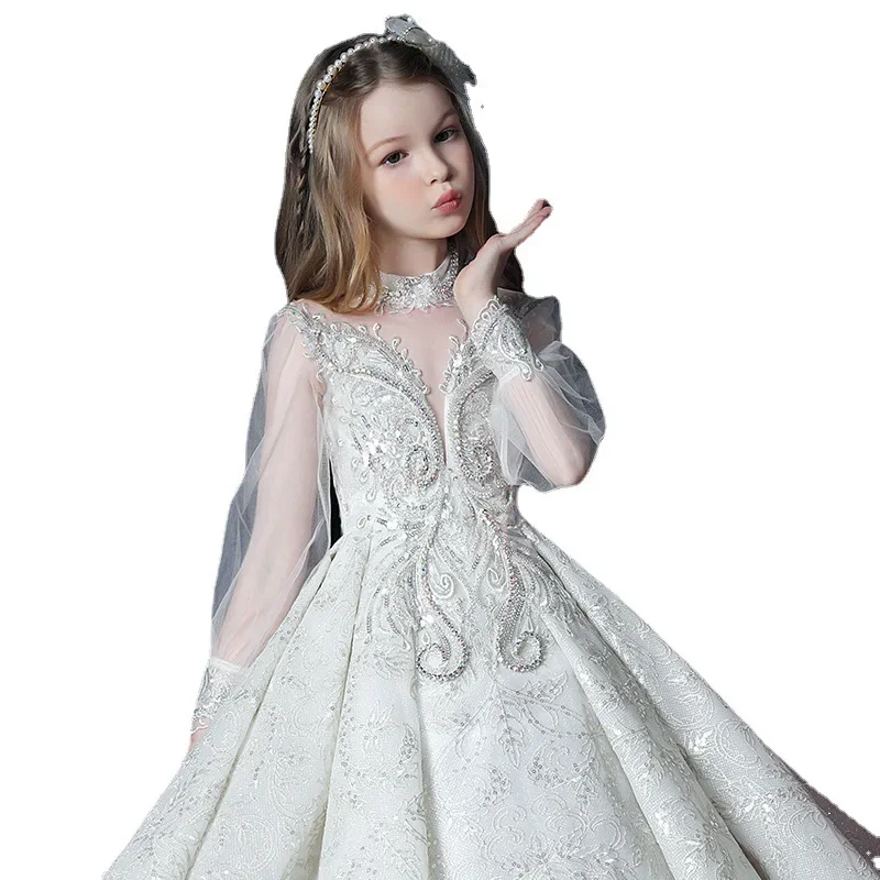 Girls First Communion Dress Flower Girl Wedding Sequins Dresses for Kids Piano Performance Vestidos Children Pageant Ball Gown