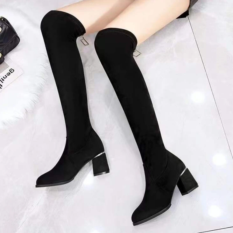 2025 New Women's Over The Knee Boots Black Suede Leather Chunky Mid Heel Slimming Stretchy Zipper Comfortable Long Standing