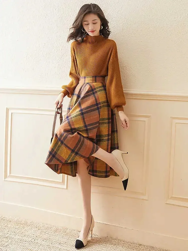 Korean Autumn Retro Sweater Suits Women Elegant Lantern Sleeve Knitted Sweater Pullover and Plaid A-line Skirt Two Pieces Sets