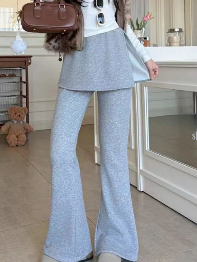 Black Bell Bottom Pants Women's Casual High Waist Zipper Closure Warmth Function Commute Style Pure Color Micro Flared Trousers
