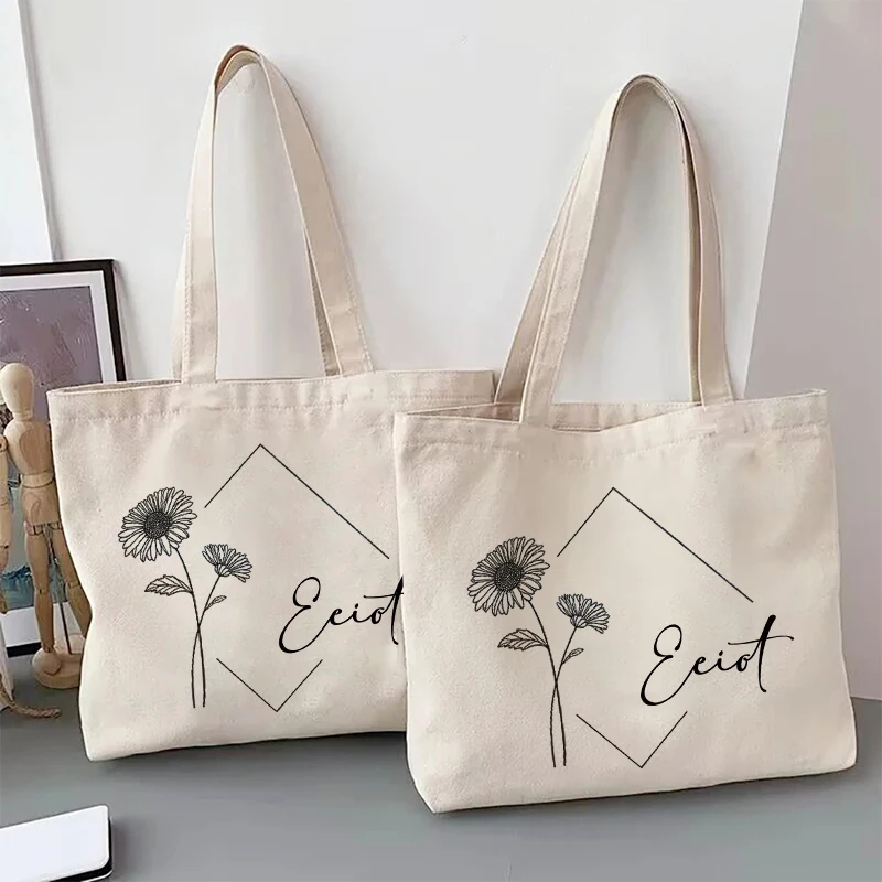 Garland Flowers Simple Custom Name Canvas Tote Bag Travel Storage Shoulder Bag Large Capacity Shopping Bags Handbag Wedding Gift