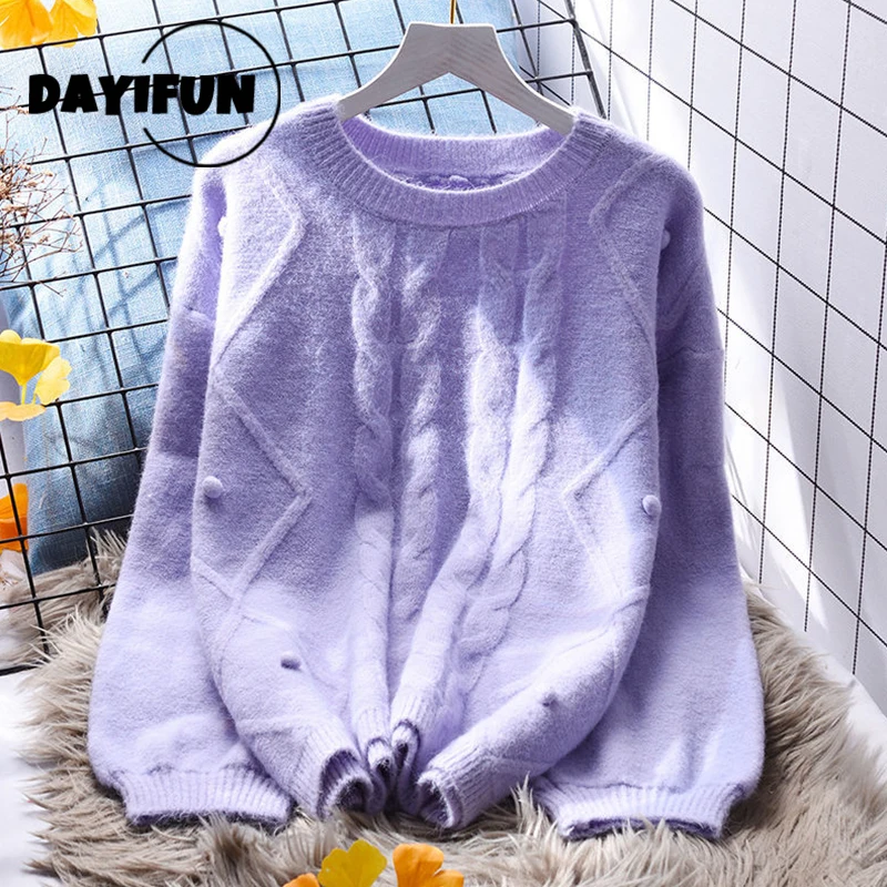 

DAYIFUN-Women Knitted Pullovers,Ladies Fashion,O-neck,Solid Long Sleeve Sweaters Tops,Autumn Winter,Female Thick Loose Jumpers