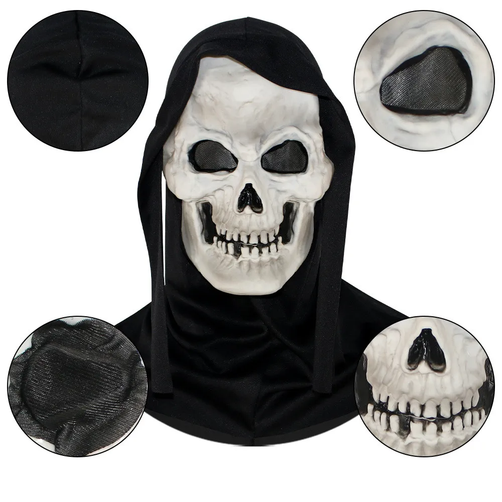 Halloween Skelett-Kopfmaske mit Schwarzem Kopftuch, Realistische Weiße Totenkopfmaske, Skelett-Cosplay-Kostüm – Detail 4