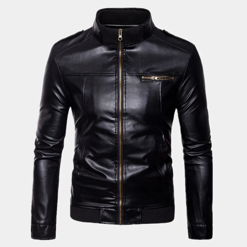 

Fashion Men's Solid Color Leather Jacket High-quality PU Leather Stand-collar Slim Coats