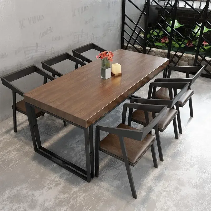 Bar Cafe Log Conference Table Milk Tea Shop Iron Dining Tables and Chairs Set