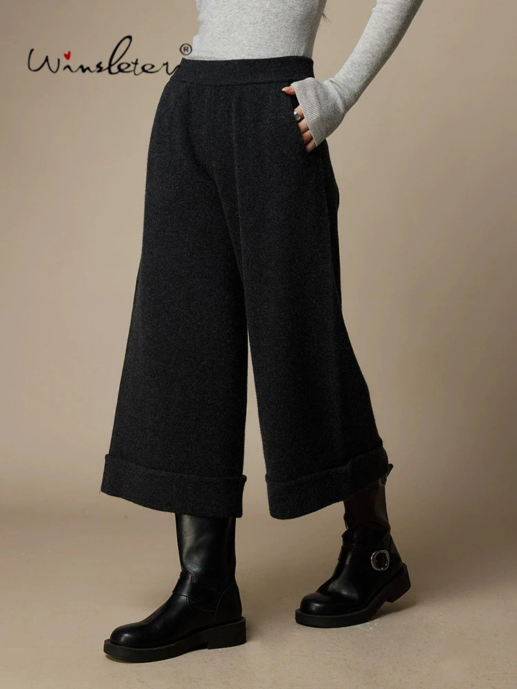Winsleter-100%Wool Elegant Knit Pants, Elastic Waist Solid, Women Retro Casual Lazy Wide-leg Pants, 2026 Autumn New B69544CC